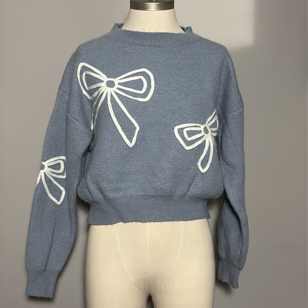 Anthropologie x Luna Ivy XS Blue Sweater White Bows